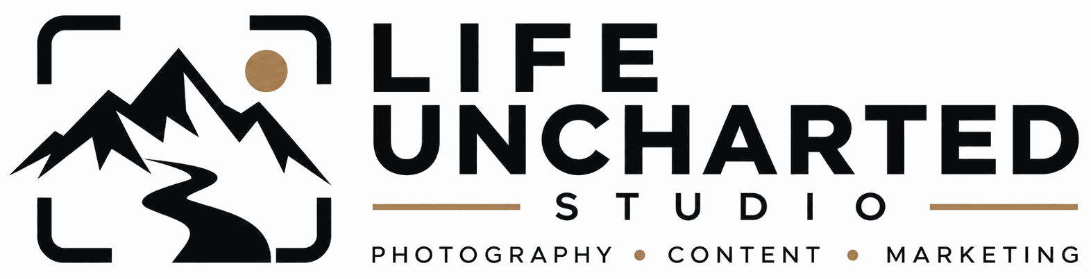 Life Uncharted Studio logo with mountains, a winding road and the words Photography, Content, Marketing
